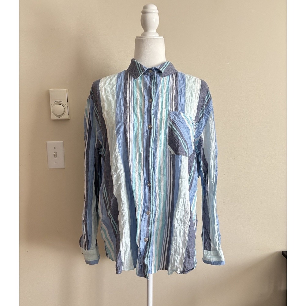 Escape by Habitat Clothes Womens Medium Button Up Collared Shirt Stripe Blue